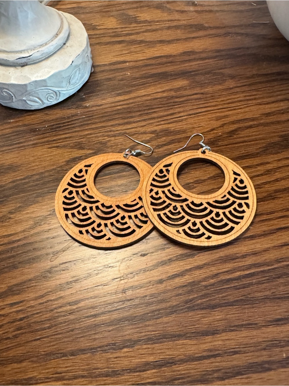 Wooden Laser-Cut Round Hoop Earrings - Tan